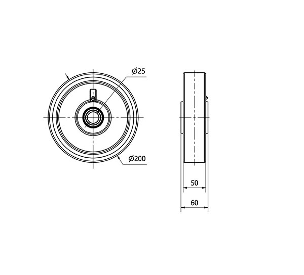 RUEDA HUB200-25-60 NUCLEO HIERRO Y BANDA POLIUR.NARANJA EJE BOLAS