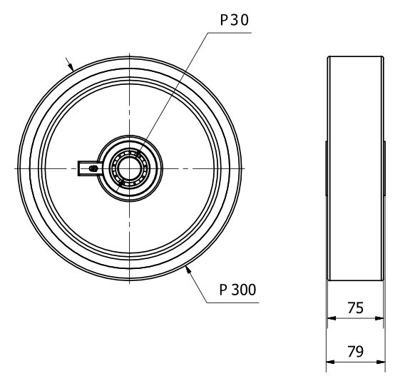 RUEDA HUB300-30-75 NUCLEO HIERRO Y BANDA POLIUR.NARANJA EJE BOLAS