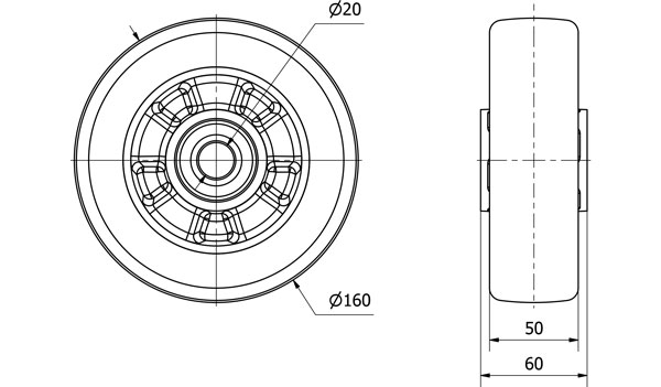 RUEDA AUGB160-20-60 NUCLEO ALUMINIO Y BANDA POLIUR.VERDE EJE BOLAS