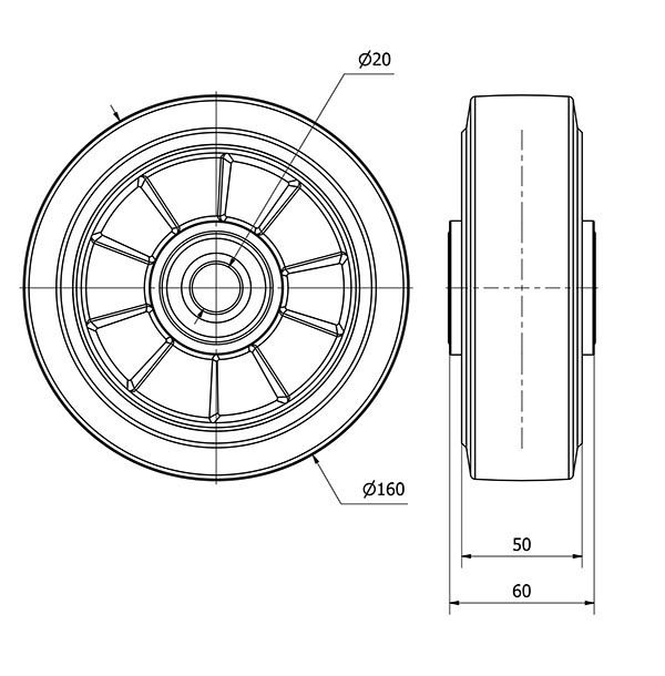 RUEDA DEGB160-20-60 NUCLEO ALUMINIO Y BANDA GOMA GRIS ELASTICA BOLAS