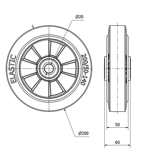 RUEDA DEGB200-20-60 NUCLEO ALUMINIO Y BANDA GOMA GRIS ELASTICA BOLAS