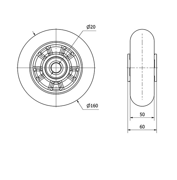 RUEDA AUAGB160-20-60 NUCLEO ALUMIN.Y BANDA POLIUR.VERDE BOLAS BALONA