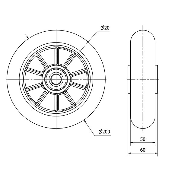 RUEDA AUAGB200-20-60 NUCLEO ALUMIN.Y BANDA POLIUR.VERDE BOLAS BALONA