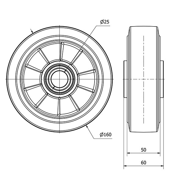 RUEDA DEGB160-25-60 NUCLEO ALUMINIO Y BANDA GOMA GRIS ELASTICA BOLAS