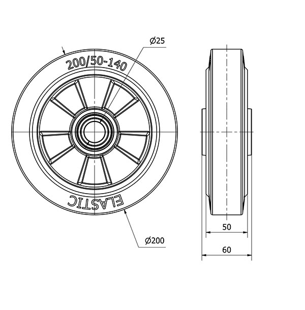 RUEDA DEGB200-25-60 NUCLEO ALUMINIO Y BANDA GOMA GRIS ELASTICA BOLAS