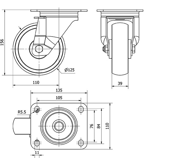 R.GIR.PLACA 110-125-1 NYLON BLANCO EJE RODILLOS