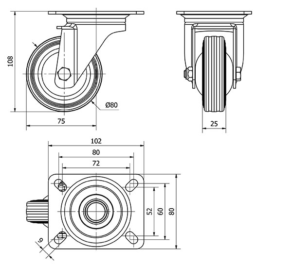 R.GIR.PLACA 120-080-1 CP METALICO-GOMA NEGRA EJE RODILLOS