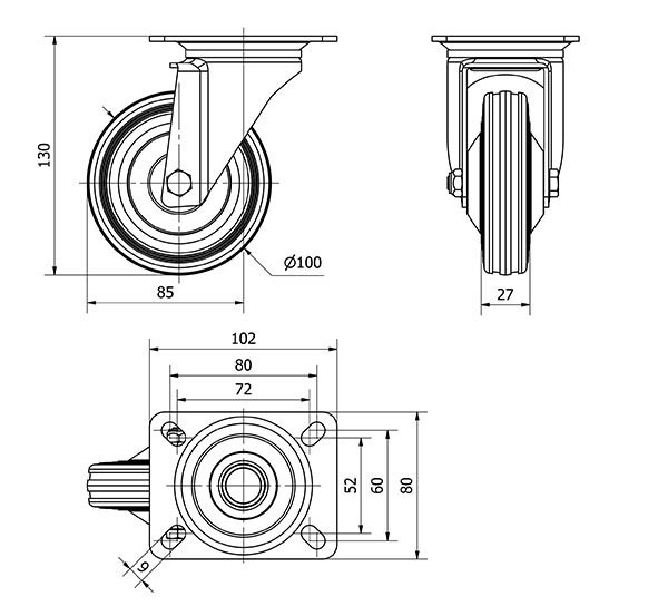 R.GIR.PLACA 120-100-1 CP METALICO-GOMA NEGRA EJE RODILLOS
