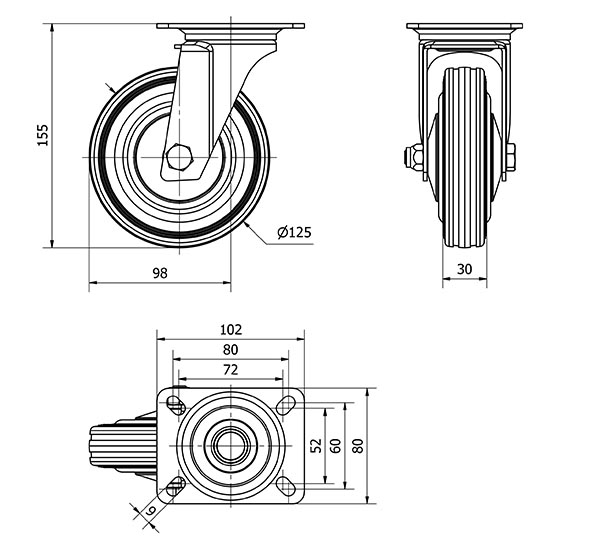 R.GIR.PLACA 120-125-1 CP METALICO-GOMA NEGRA EJE RODILLOS
