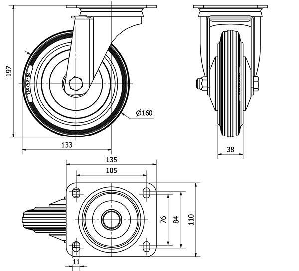 R.GIR.PLACA 120-160-1 CP METALICO-GOMA NEGRA EJE RODILLOS