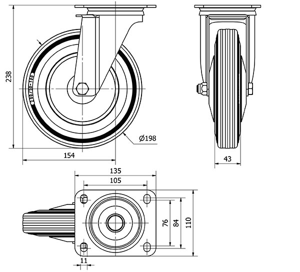 R.GIR.PLACA 120-200-1 CP METALICO-GOMA NEGRA EJE RODILLOS
