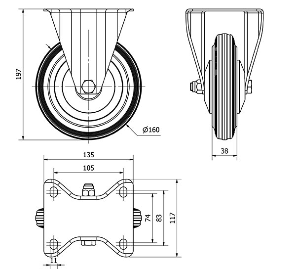 R.FIJA 120-160-2 CP METALICO-GOMA NEGRA EJE RODILLOS