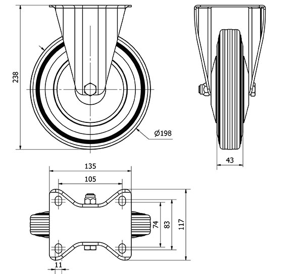 R.FIJA 120-200-2 CP METALICO-GOMA NEGRA EJE RODILLOS