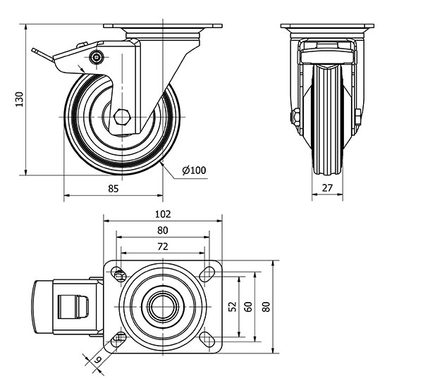 R.GIR.PLACA FRENO 120-100-3 CP METALICO-GOMA NEGRA EJE RODILLOS