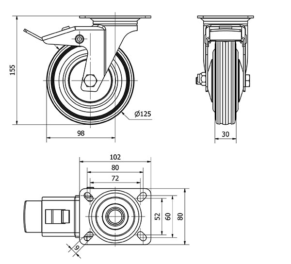 R.GIR.PLACA FRENO 120-125-3 CP METALICO-GOMA NEGRA EJE RODILLOS