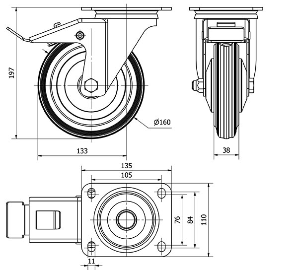 R.GIR.PLACA FRENO 120-160-3 CP METALICO-GOMA NEGRA EJE RODILLOS