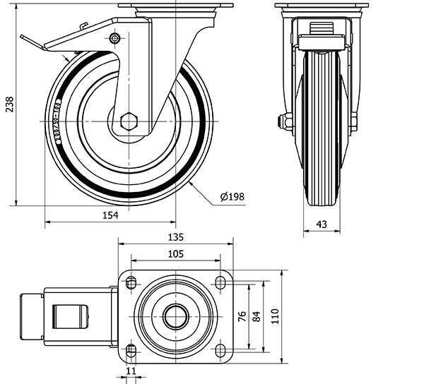 R.GIR.PLACA FRENO 120-200-3 CP METALICO-GOMA NEGRA EJE RODILLOS