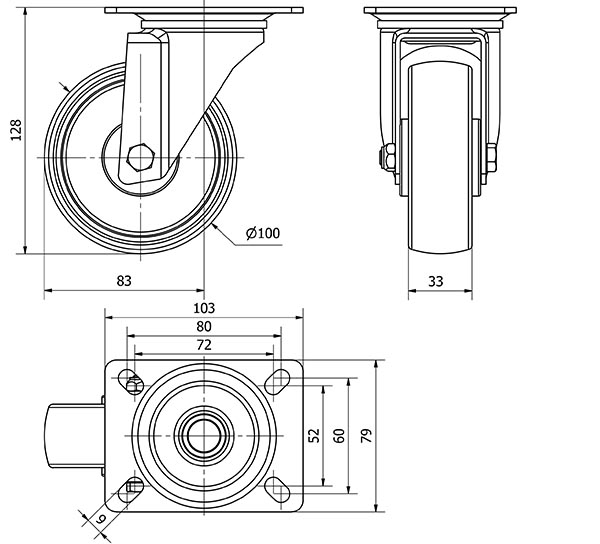 R.GIR.PLACA 130-100-1 CP POLIAMIX BLANCO EJE RODILLOS
