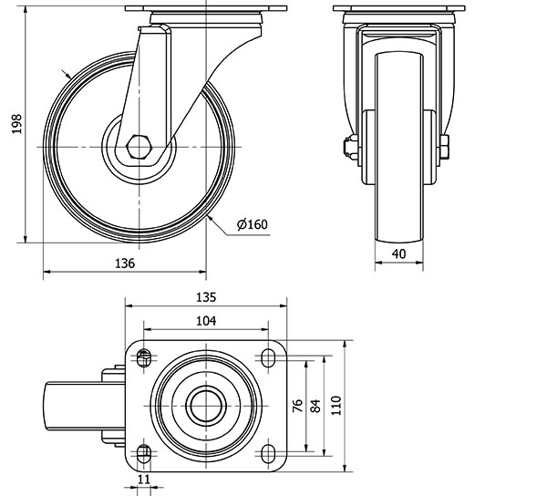 R.GIR.PLACA 130-160-1 CP POLIAMIX BLANCO EJE RODILLOS