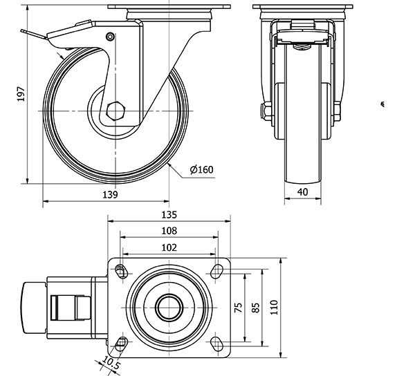 R.GIR.PLACA FRENO 130-160-3 CP POLIAMIX BLANCO EJE RODILLOS