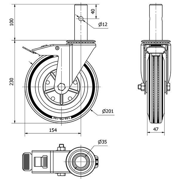 R.GIR.ANDAMIO FRENO 200-200-8 METALICO-GOMA NEGRA EJE RODILLOS