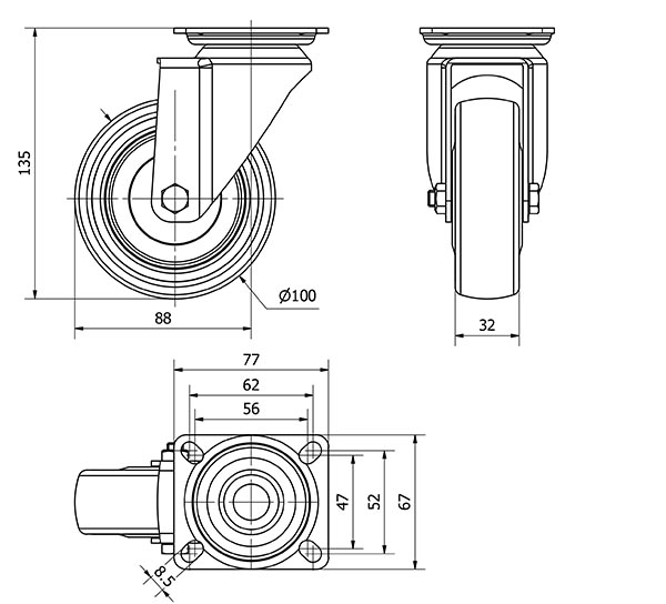 R.GIR.PLACA 300-100-1 CP POLIAMIX-GOMA GRIS EJE BOLAS