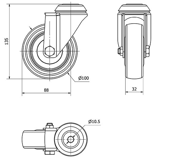 R.GIR.AGUJERO M10 300-100-4 CP POLIAMIX-GOMA GRIS EJE BOLAS
