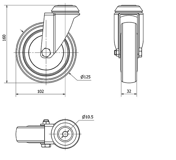 R.GIR.AGUJERO M10 300-125-4 CP POLIAMIX-GOMA GRIS EJE BOLAS