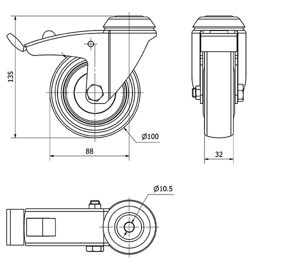 R.GIR.AGUJERO M10 FRENO 300-100-5 CP POLIAMIX-GOMA GRIS EJE BOLAS