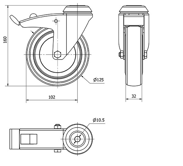R.GIR.AGUJERO M10 FRENO 300-125-5 CP POLIAMIX-GOMA GRIS EJE BOLAS