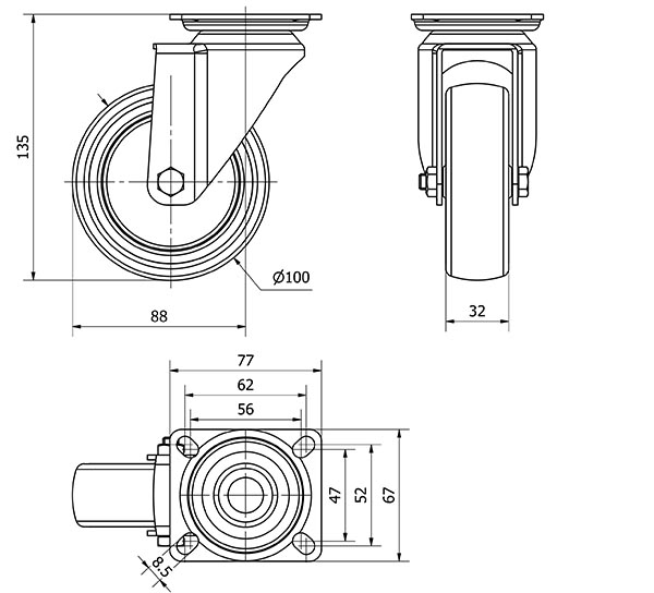 R.GIR.PLACA 301-100-1 POLIAMIX-GOMA GRIS EJE LISO