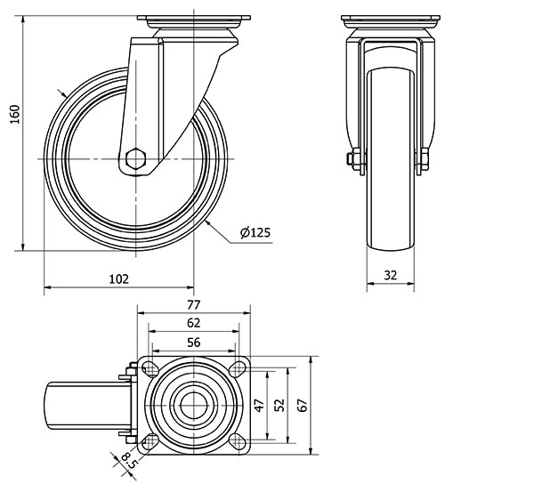 R.GIR.PLACA 301-125-1 POLIAMIX-GOMA GRIS EJE LISO