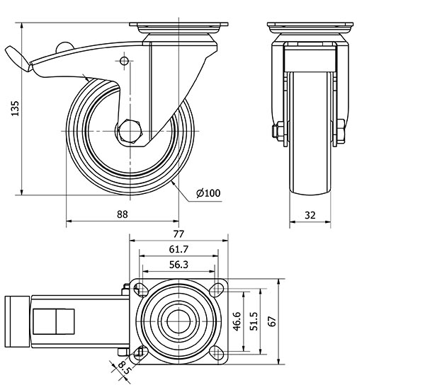 R.GIR.PLACA FRENO 301-100-3 POLIAMIX-GOMA GRIS EJE LISO