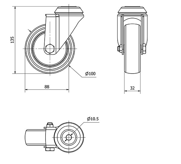 R.GIR.AGUJERO M10 301-100-4 POLIAMIX-GOMA GRIS EJE LISO