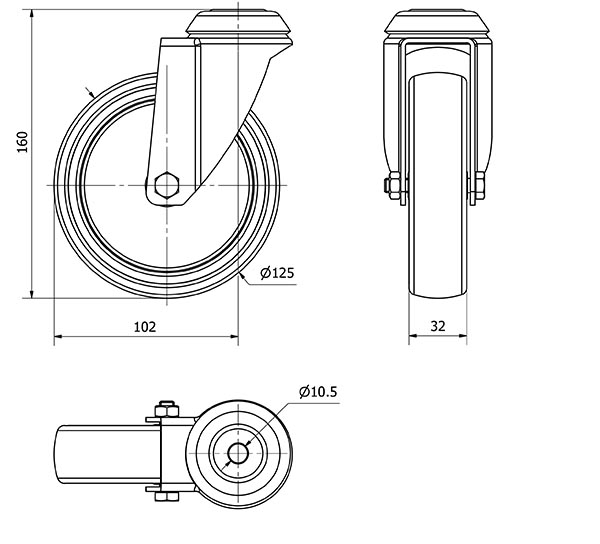 R.GIR.AGUJERO M10 301-125-4 POLIAMIX-GOMA GRIS EJE LISO