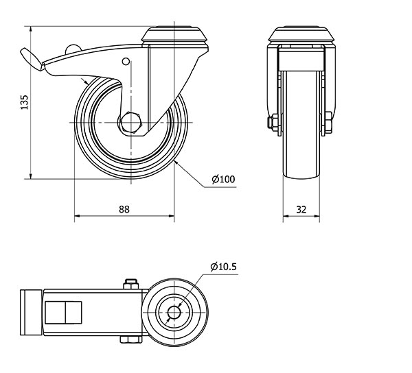 R.GIR.AGUJERO M10 FRENO 301-100-5 POLIAMIX-GOMA GRIS EJE LISO