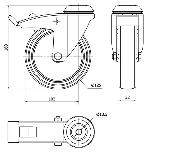 R.GIR.AGUJERO M10 FRENO 301-125-5 POLIAMIX-GOMA GRIS EJE LISO