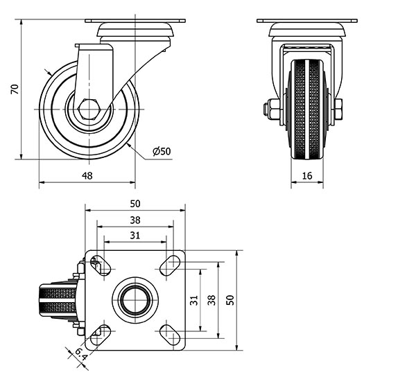 R.GIR.PLACA 310-050-1 CP POLIAMIX-GOMA GRIS EJE LISO