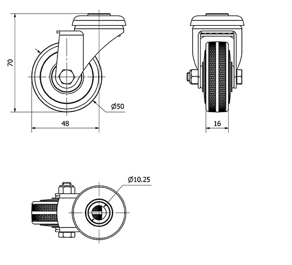 R.GIR.AGUJERO M10 310-050-4 CP POLIAMIX-GOMA GRIS EJE LISO