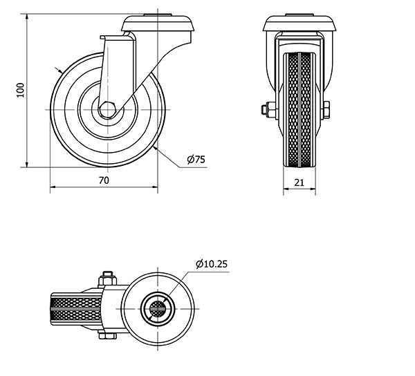 R.GIR.AGUJERO M10 310-075-4 CP POLIAMIX-GOMA GRIS EJE LISO