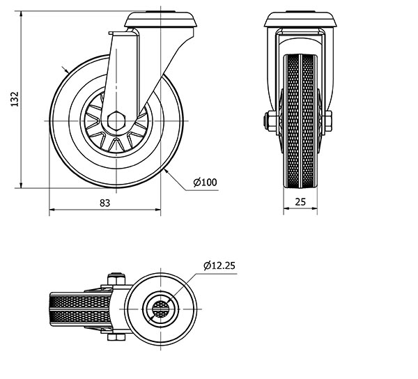R.GIR.AGUJERO M12 310-100-4 CP POLIAMIX-GOMA GRIS EJE LISO