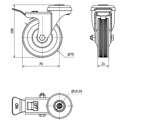 R.GIR.AGUJERO M10 FRENO 310-075-5 CP POLIAMIX-GOMA GRIS EJE LISO