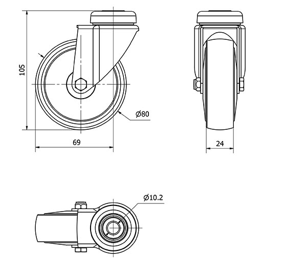 R.GIR.AGUJERO M10 400-080-4 CP POLIAMIDA NEGRA EJE LISO