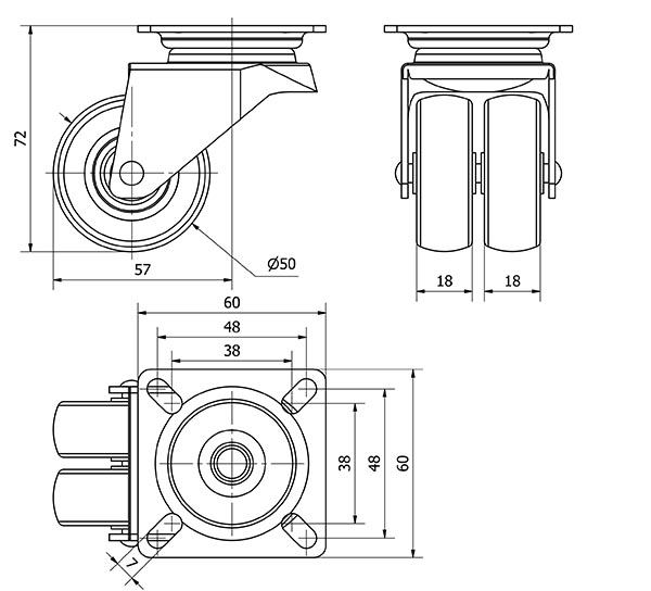 R.GIR.PLACA 411-050-1 POLIAMIDA GRIS (DOBLE) EJE LISO