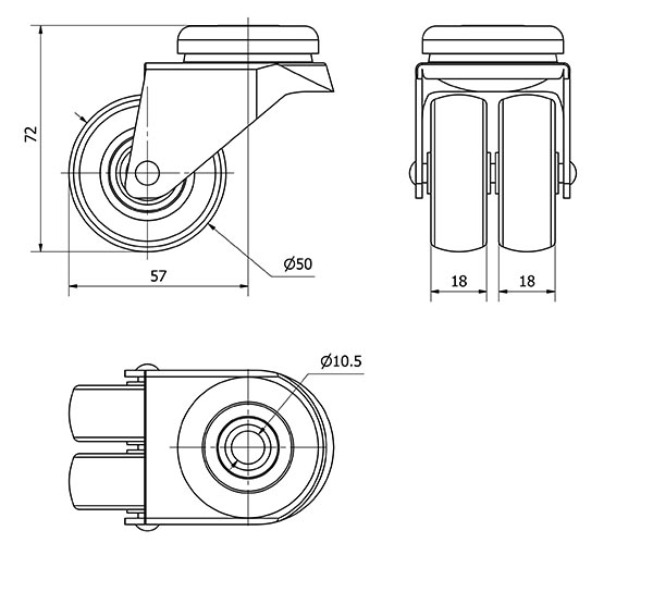 R.GIR.AGUJERO M10 410-050-4 POLIAMIX-GOMA GRIS (DOBLE) EJE LISO