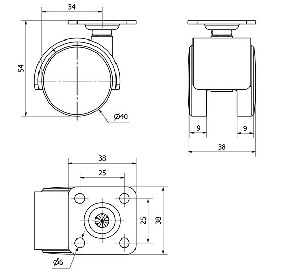 R.GIR.PLACA 420-040-1 NYLON NEGRO EJE LISO