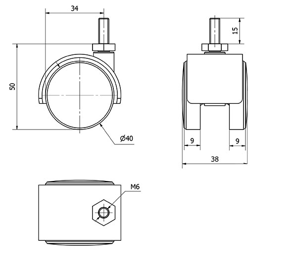 R.GIR.ESPIGA ROSCADA M6x15 420-040-6 NYLON NEGRO EJE LISO