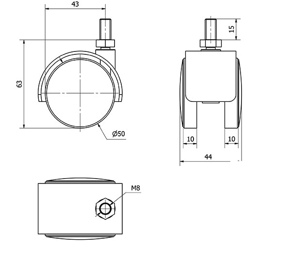 R.GIR.ESPIGA ROSCADA M8x15 420-050-61 NYLON NEGRO EJE LISO
