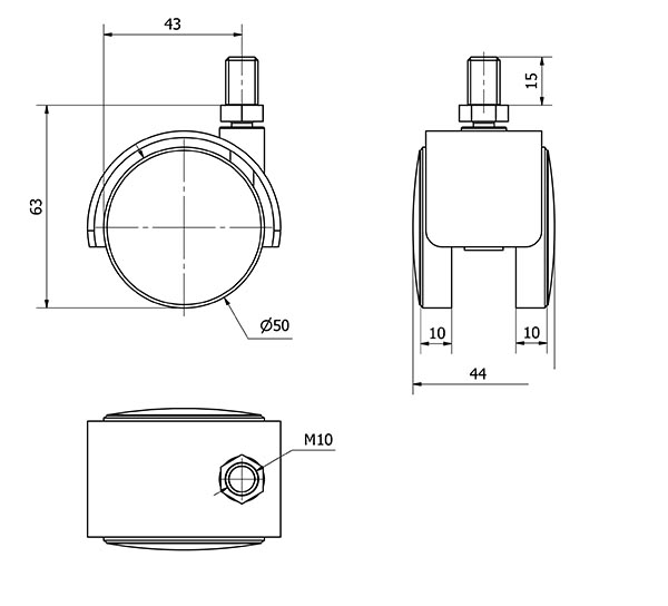 R.GIR.ESPIGA ROSCADA M10x15 420-050-62 NYLON NEGRO EJE LISO