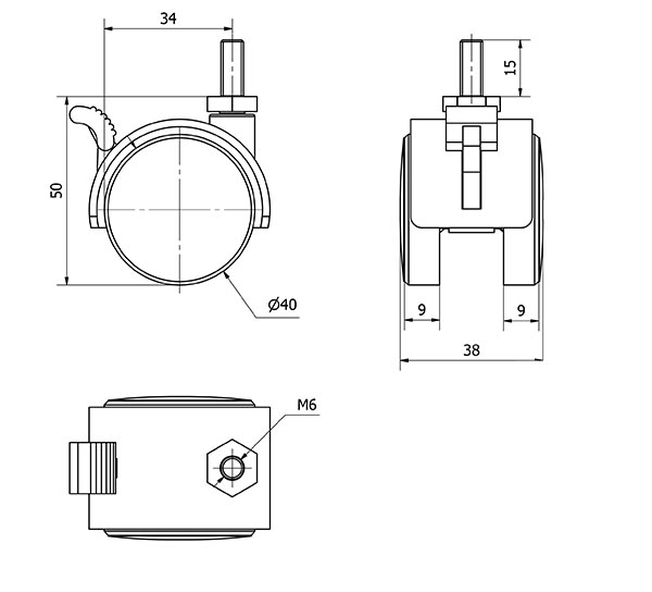 R.GIR.ESPIGA ROSCADA M6x15 FRENO 420-040-7 NYLON NEGRO EJE LISO